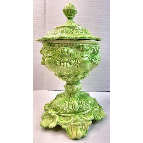 Ornate Vtg Green Ceramic Hand Crafted Pedestal Victorian Candy Jar Farmhouse - Picture 3 of 13